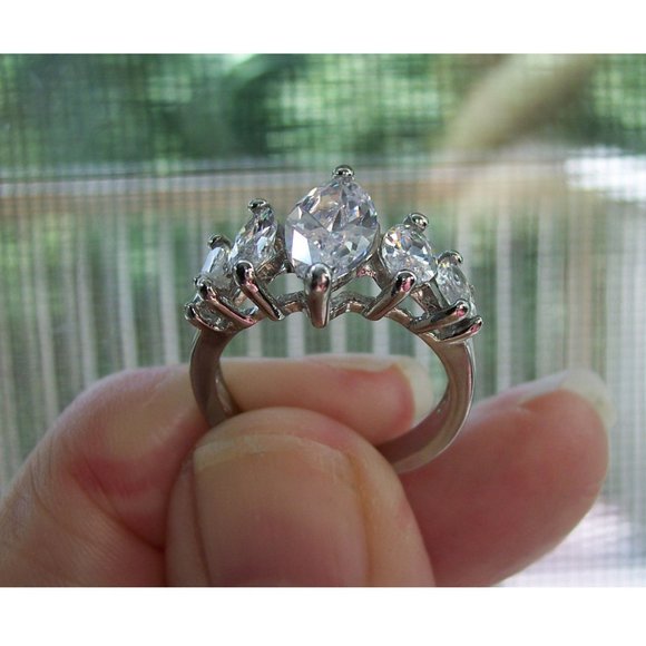 STAINLESS STEEL 5 Marquise Cut Cubic Zirconia Ring Sizes 6-10 - Picture 8 of 16